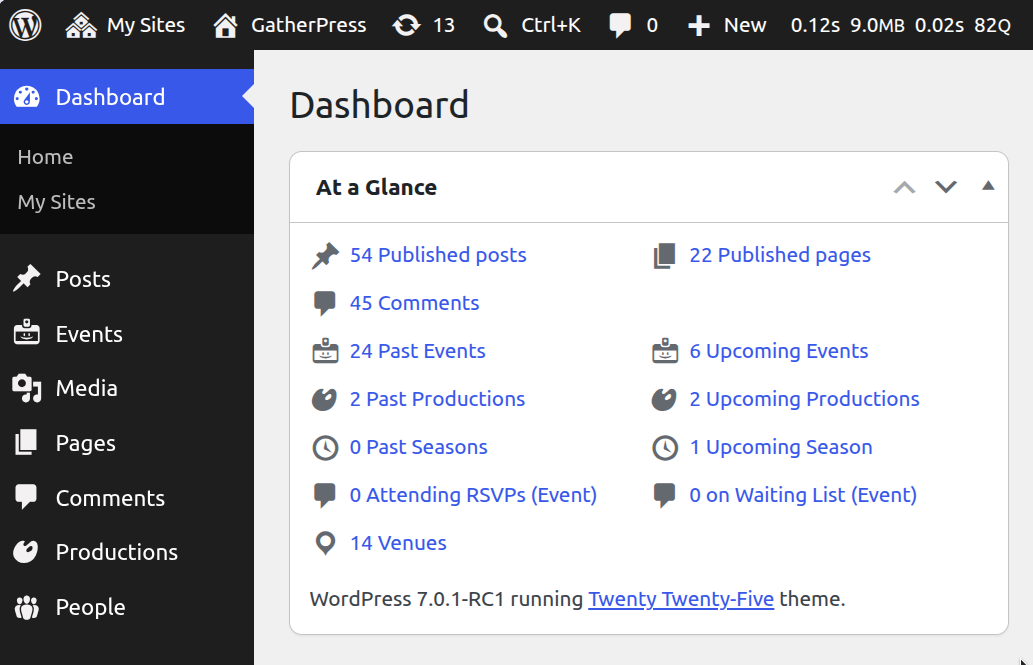 Screenshot of the updated 'At a Glance' widget on the WordPress Dashboard