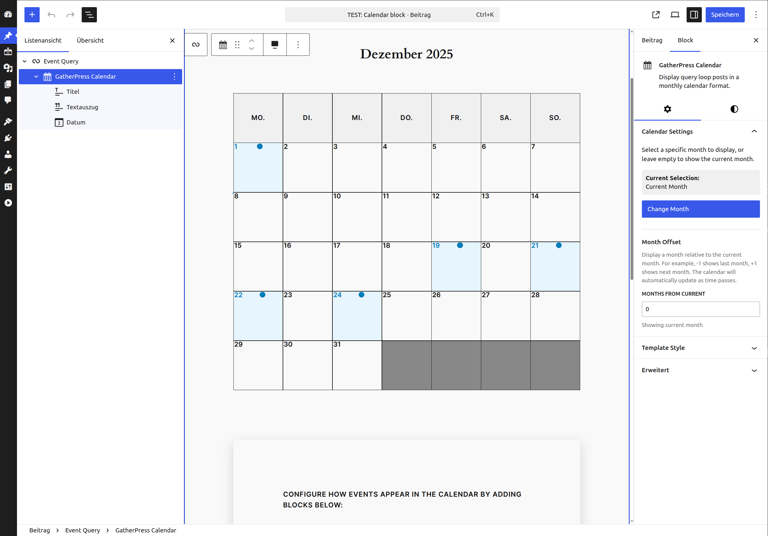 Calendar configuration in the block editor