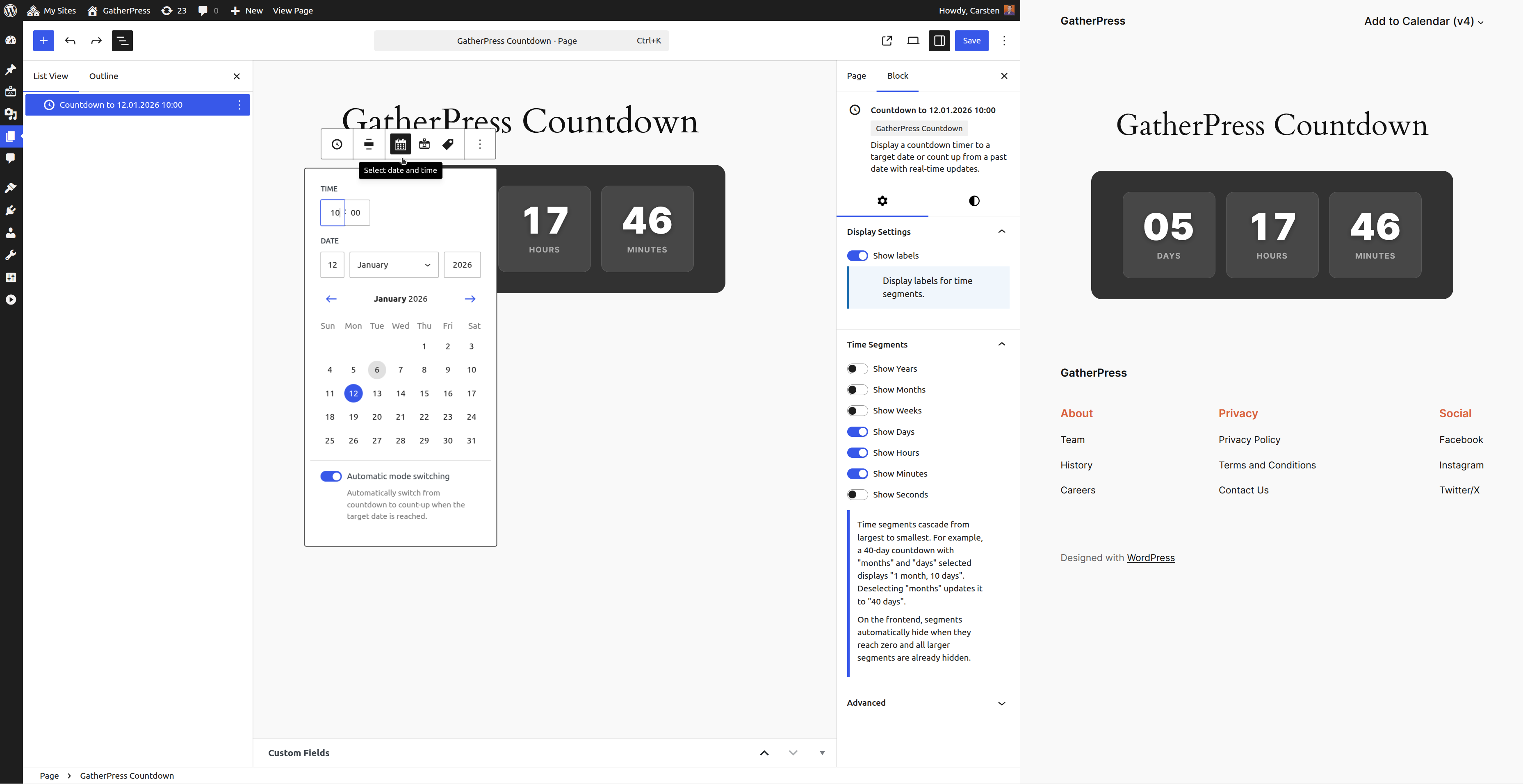 Display countdown to a manual set date, with Days, Hours and Minutes enabled, showing 05 Days 17 Hours 46 Minutes.