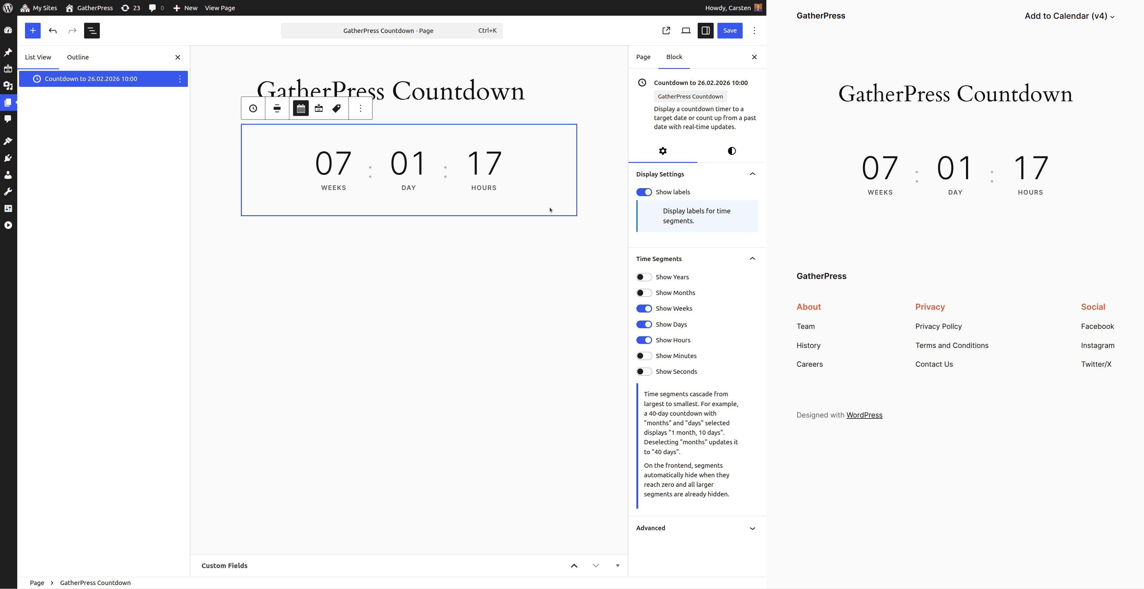 Display countdown to a manual set date, with Weeks, Days and Hours enabled, showing 07 Weeks 01 Day 17 Hours.