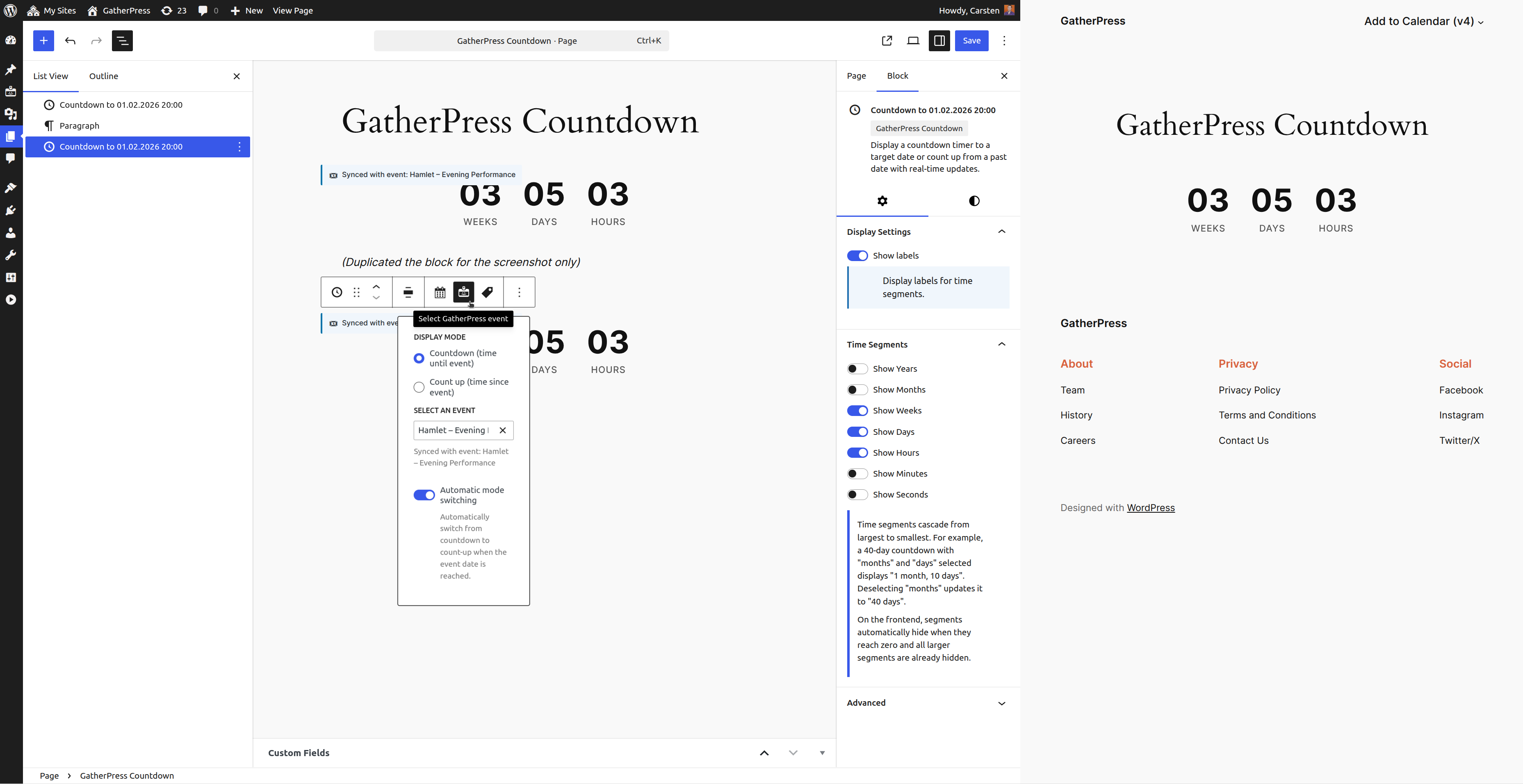 Display countdown to an explicit GatherPress event, "Hamlet – Evening Performance" in this case, using the default block style.