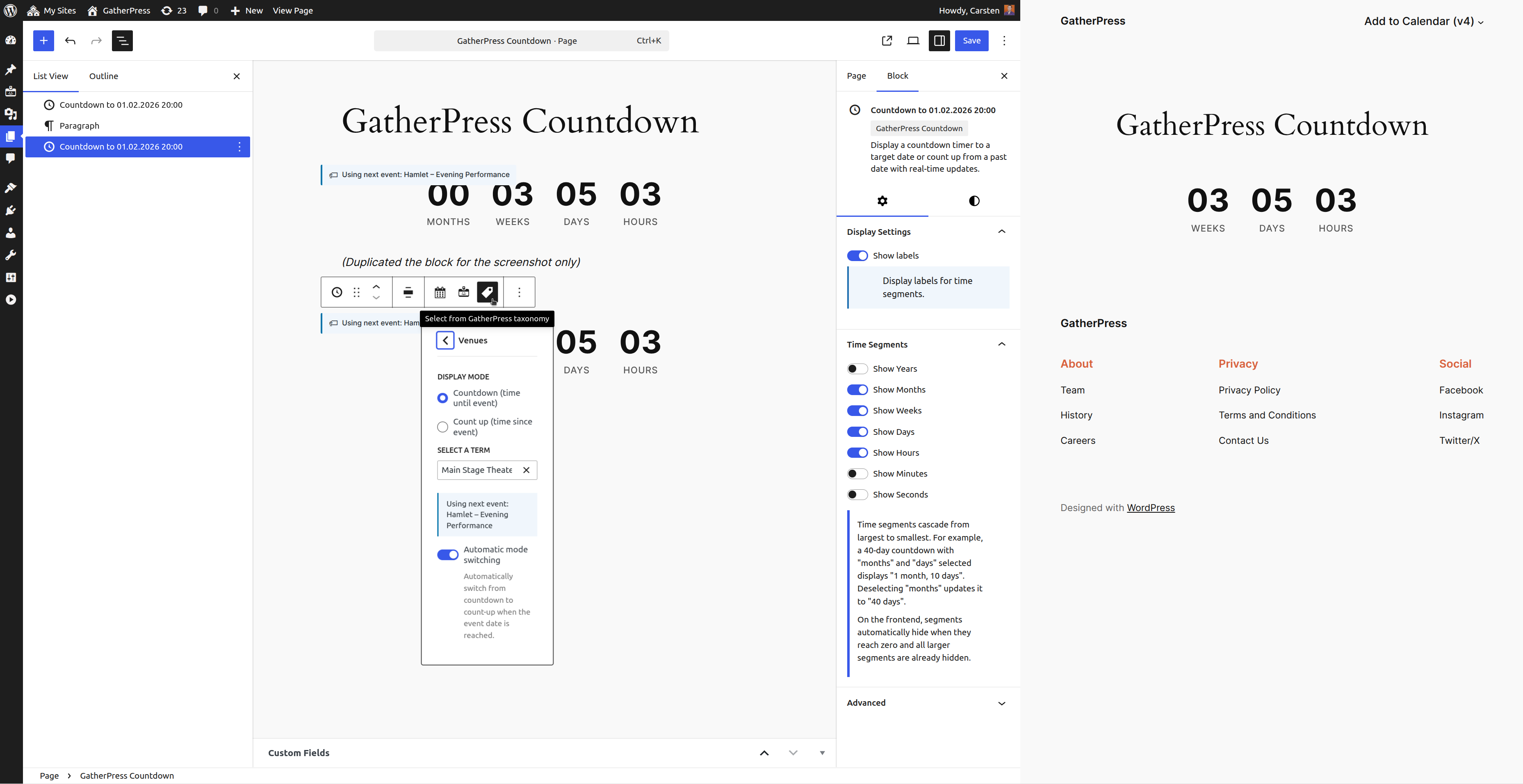 Display countdown to the next GatherPress event in a selected Venue, which is a GatherPress taxonomy.