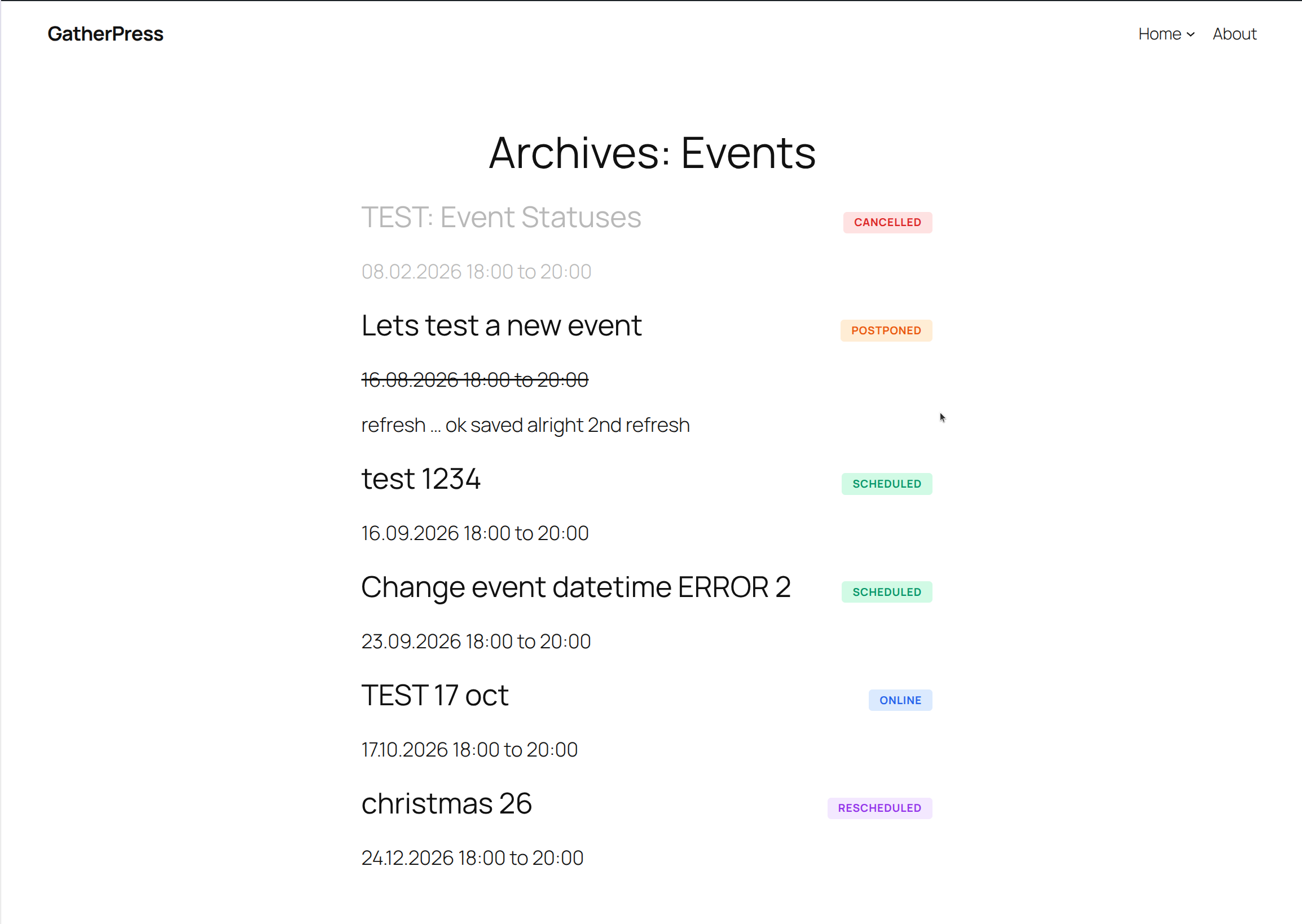 Archive view showing multiple events with different status styles