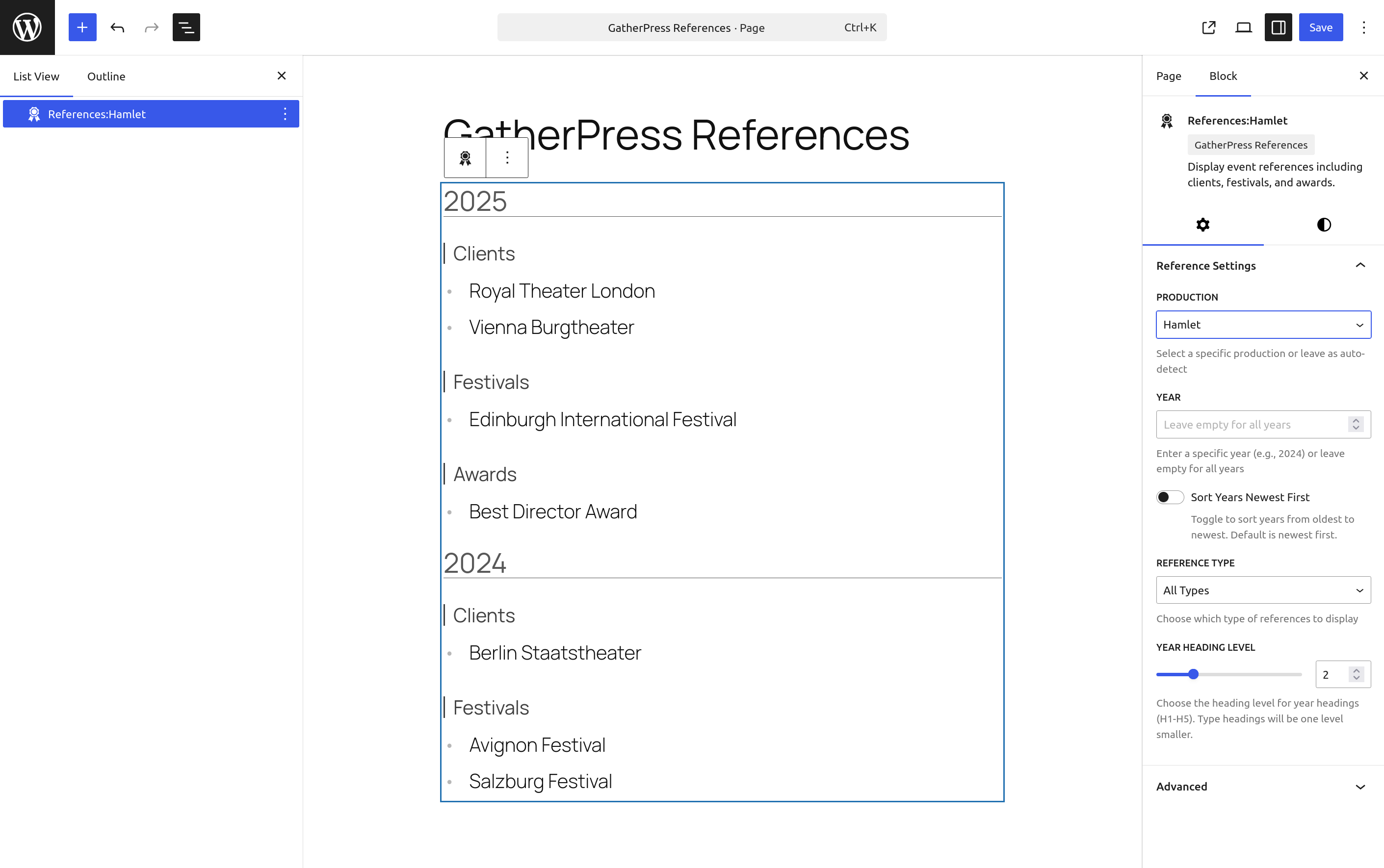 Show the editing Interface for the block for: All References for a Specific Reference Term