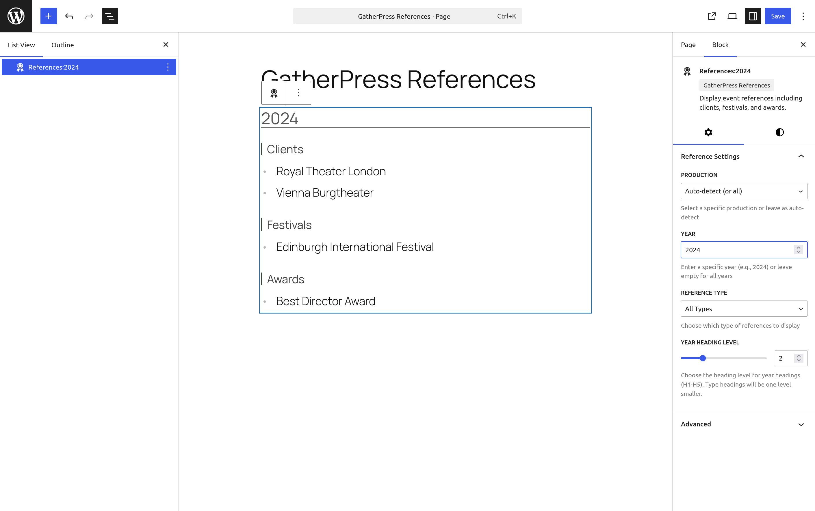 Shows the editing Interface for the block for: All references from 2024 regardless of reference term, grouped by type.