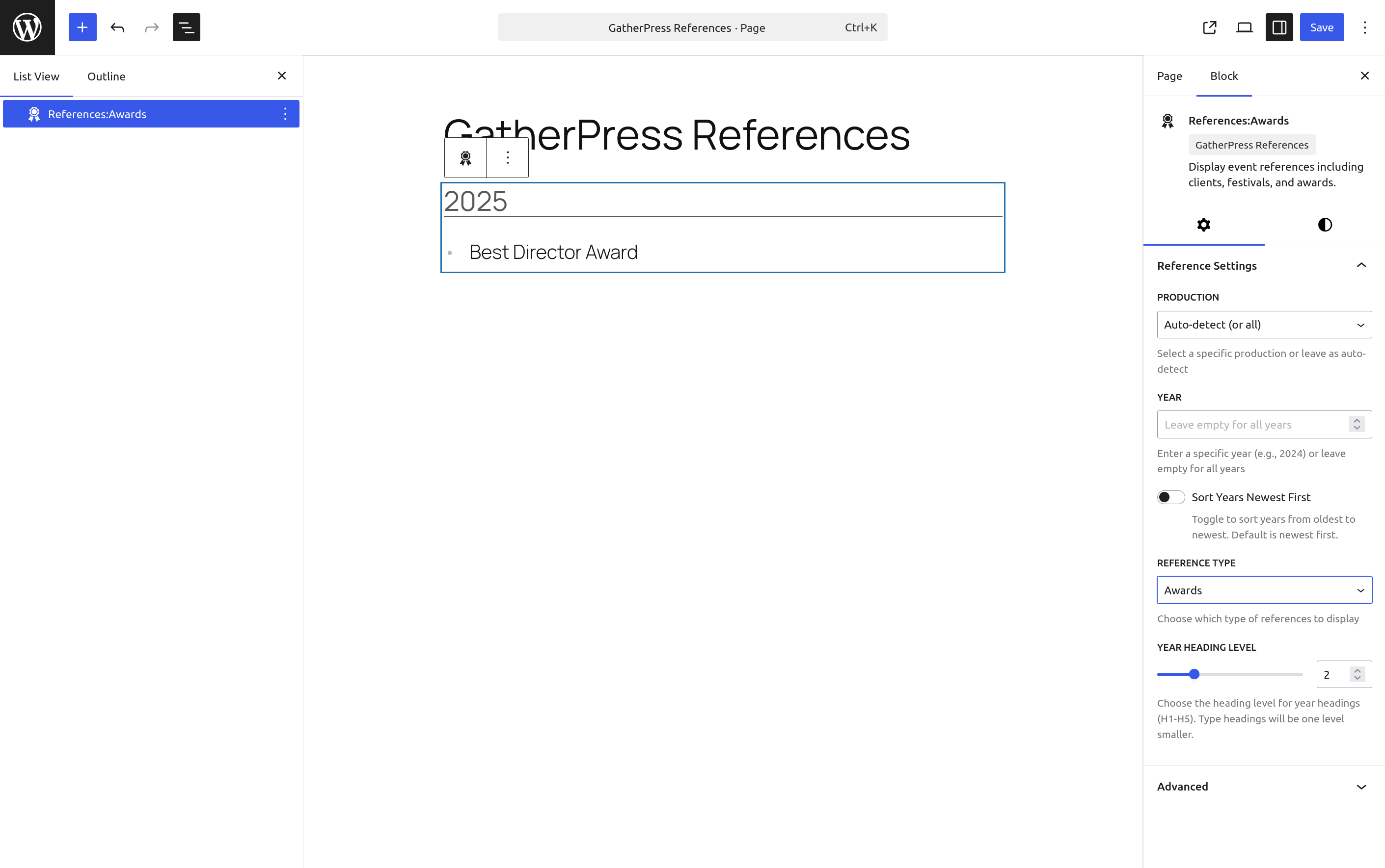 Shows the editing Interface for the block for: All awards received across all reference terms and years, organized by year.
