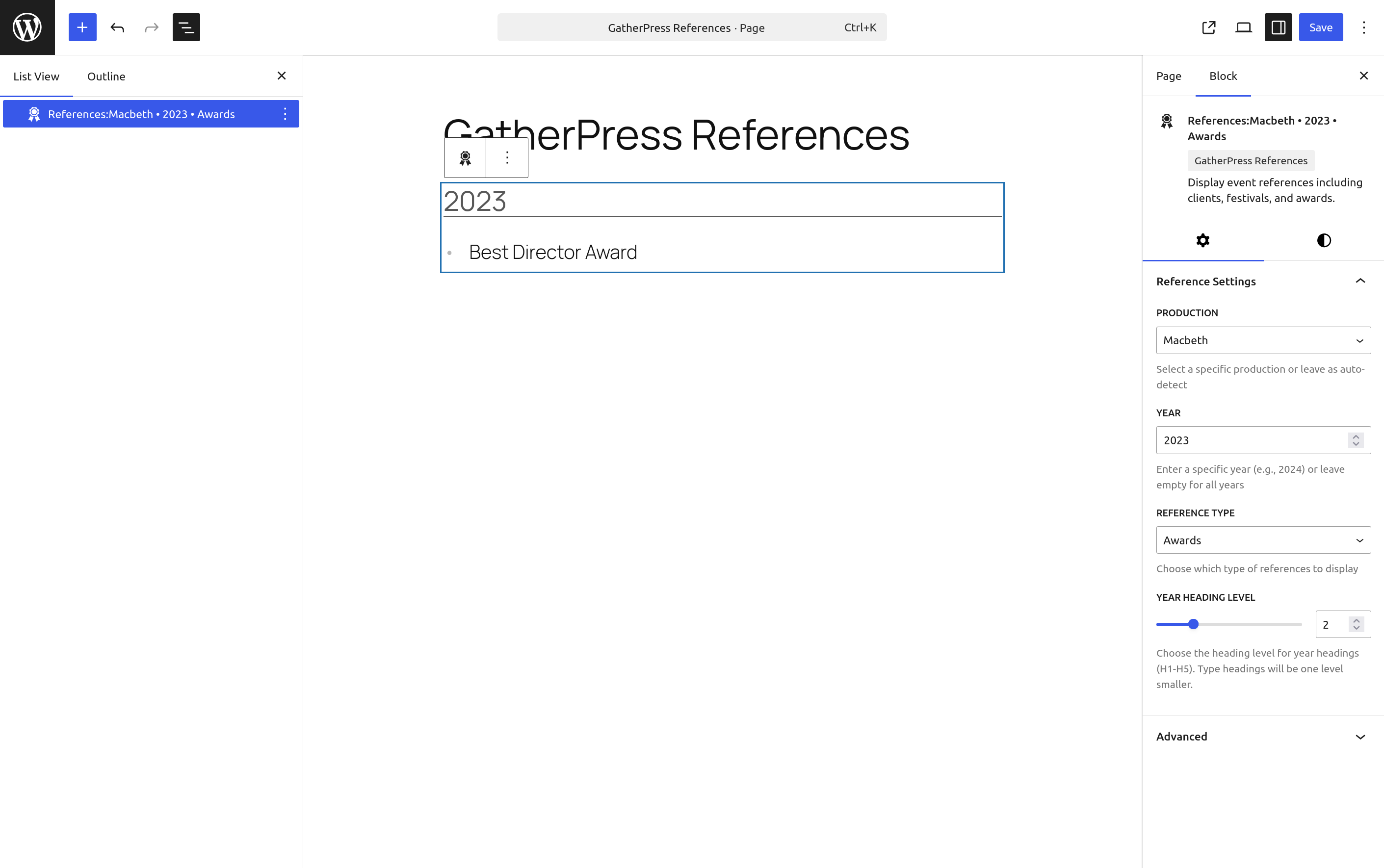 Shows the editing Interface for the block for: Displays only awards that Macbeth received in 2023.