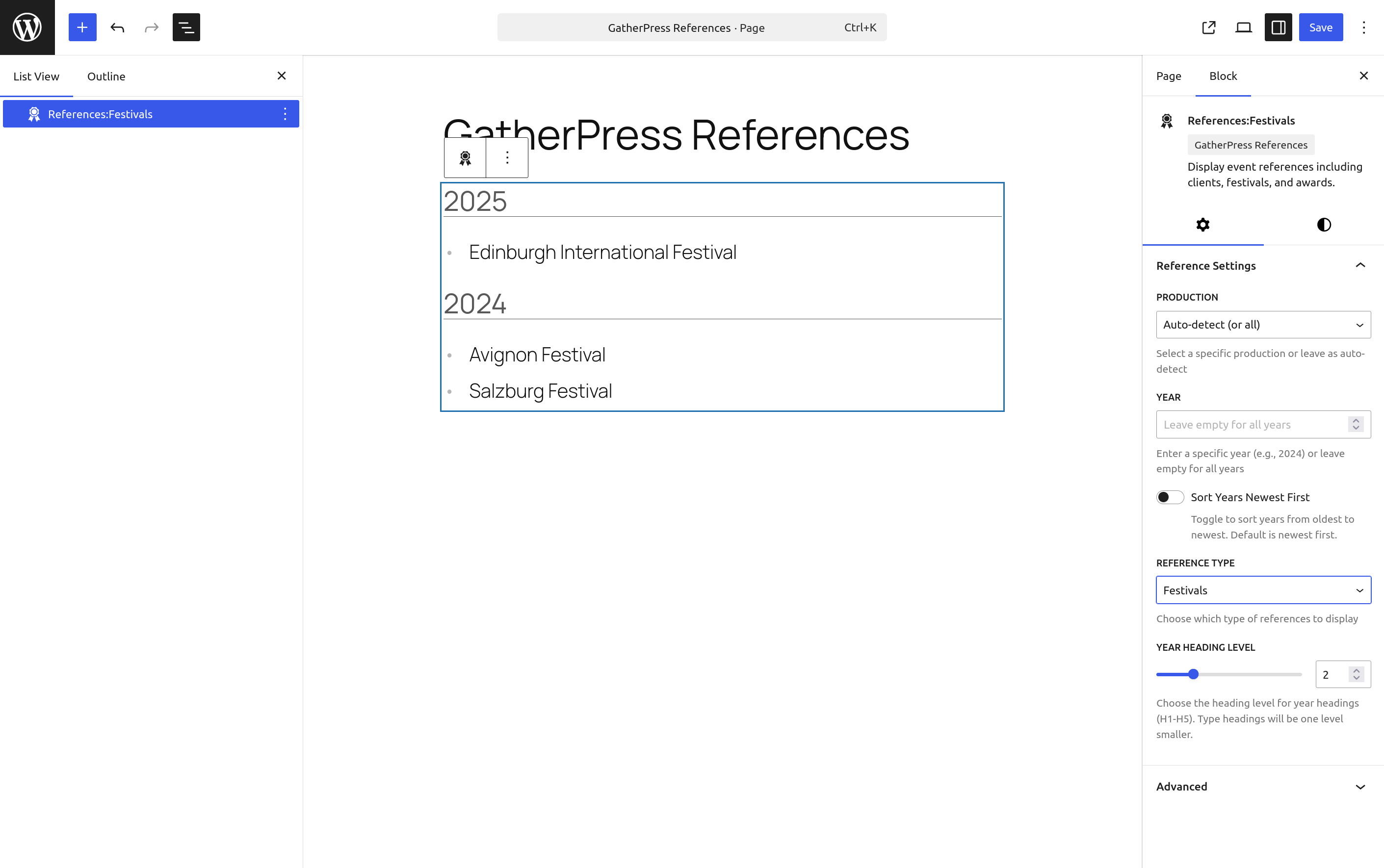 Shows the editing Interface for the block for: A Complete chronological list of festival participations across all reference terms.