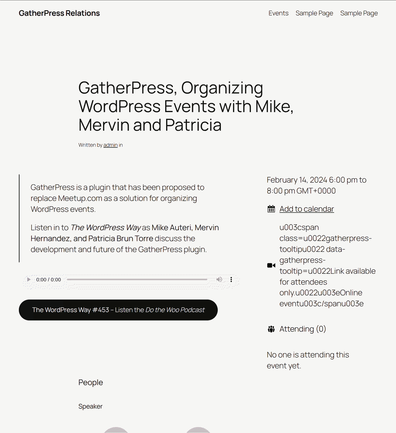 Frontend walkthrough using the normal GatherPress demo data plus some new persons to relate events to.