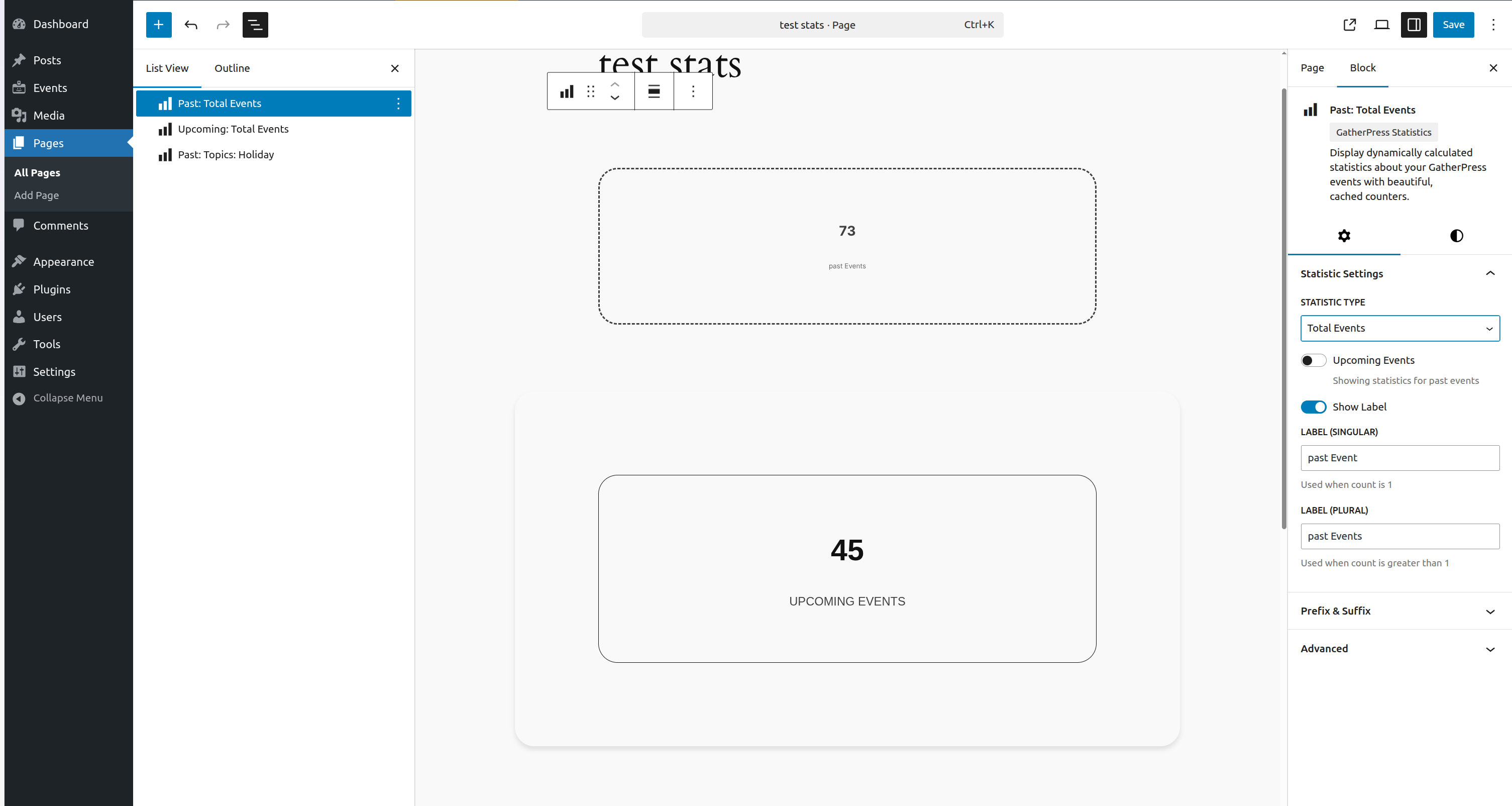 Block editor interface showing statistic type selection and filtering options
