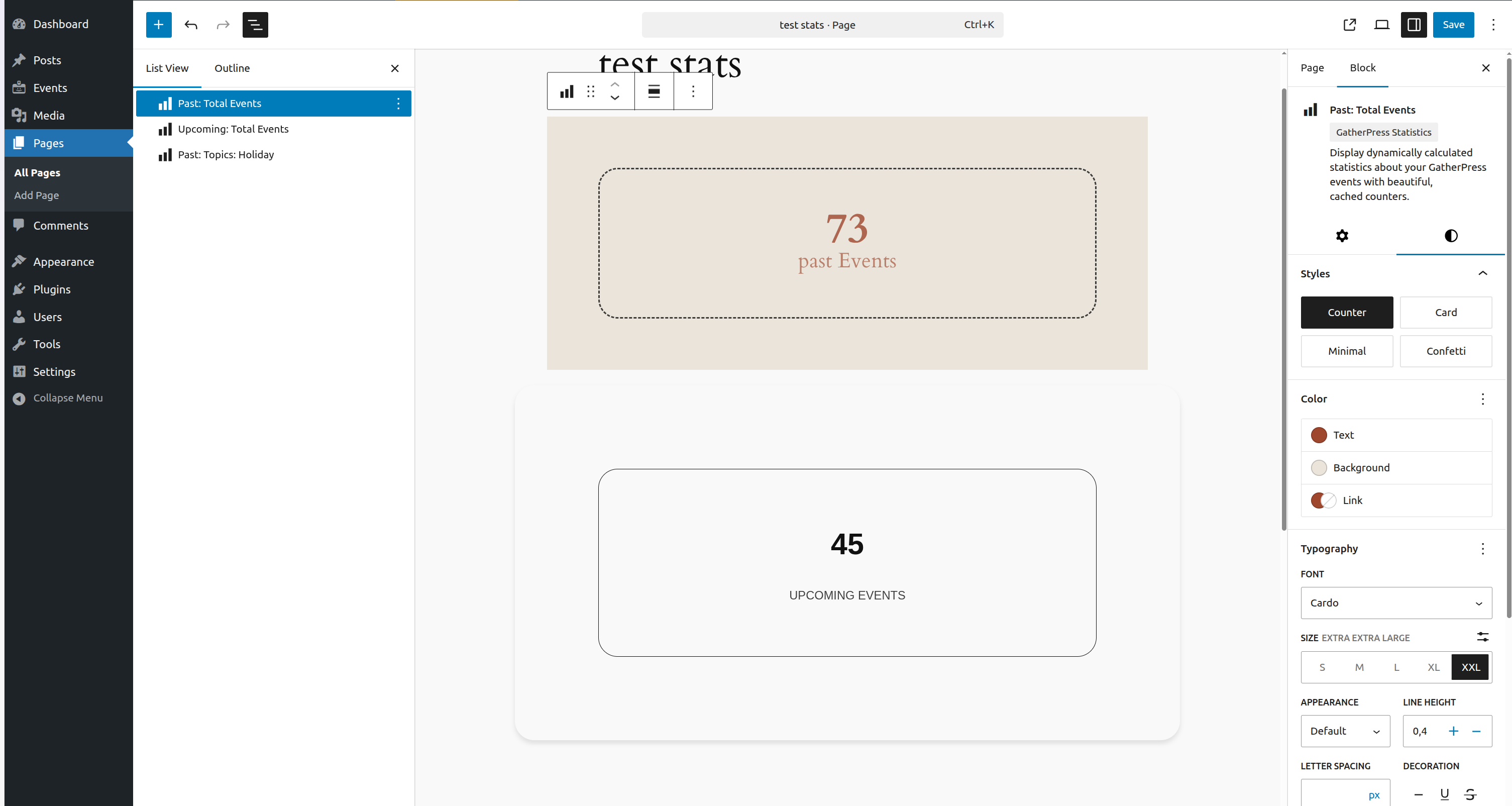 Counter style displaying total events with custom colors