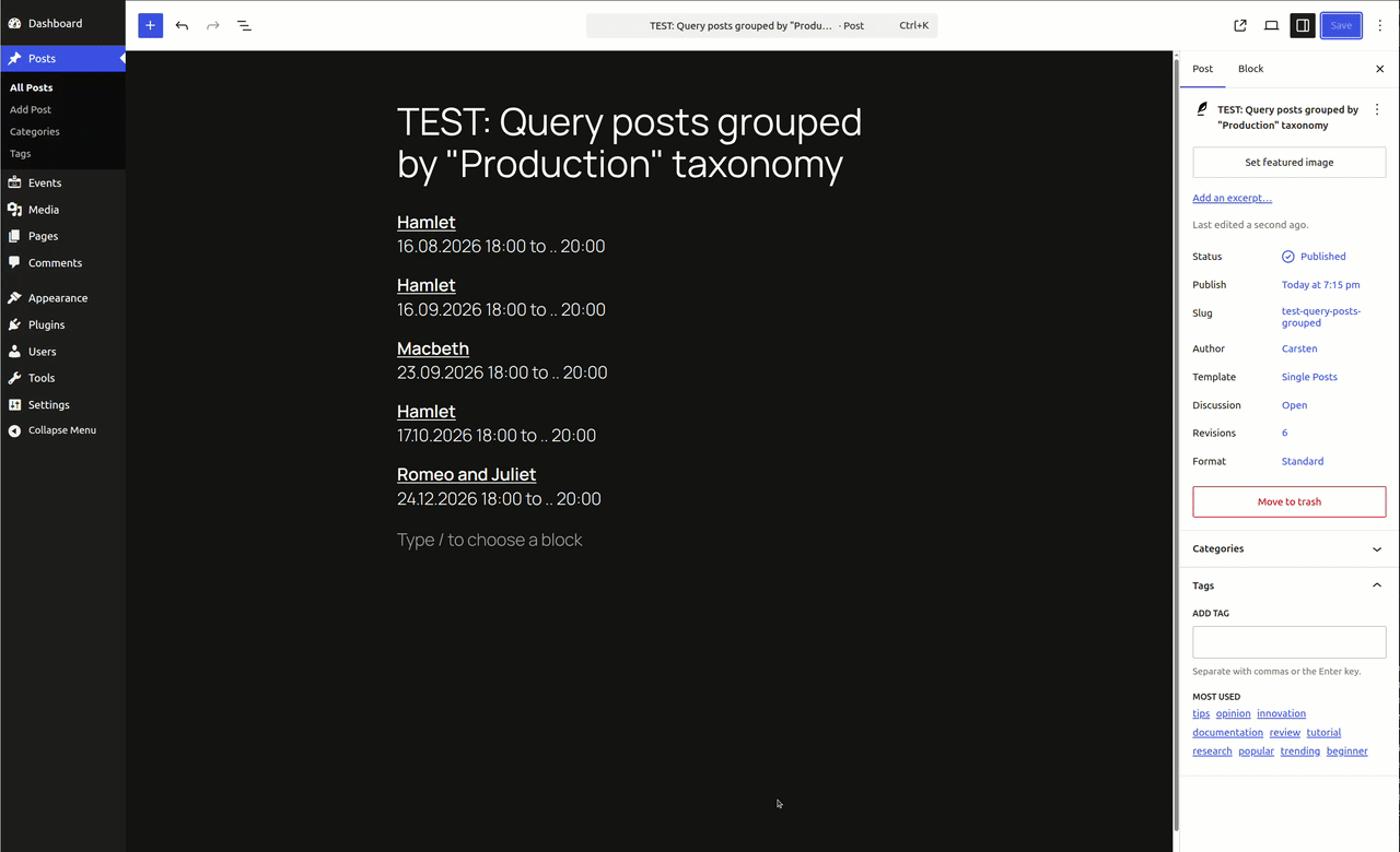 Editor screen inside WordPress, with the query block extension in action.