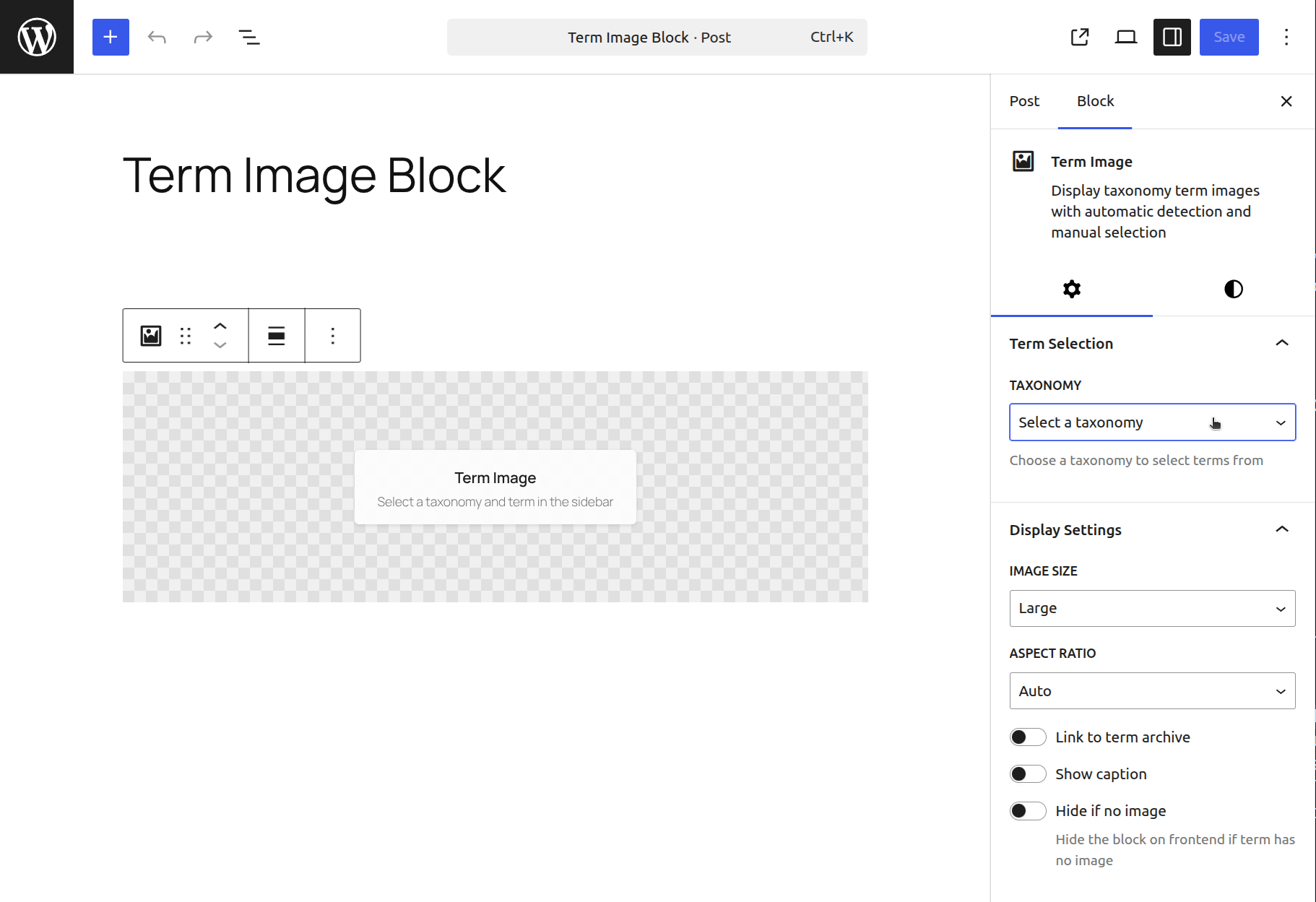 Term Image Block in use inside the WordPress block editor, but without any image applied - the empty state.