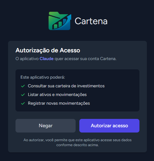 Tela de autorização Cartena