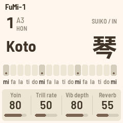 FuMi-1 home screen showing the Koto voice with trill, vibrato and reverb knobs
