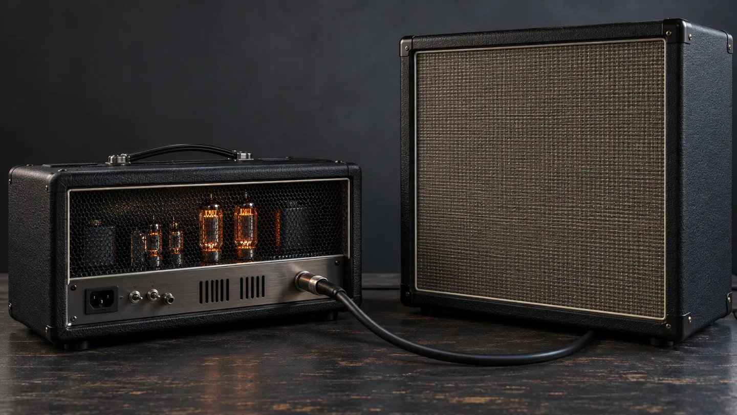 Valve amplifier head connected by speaker cable to a cabinet