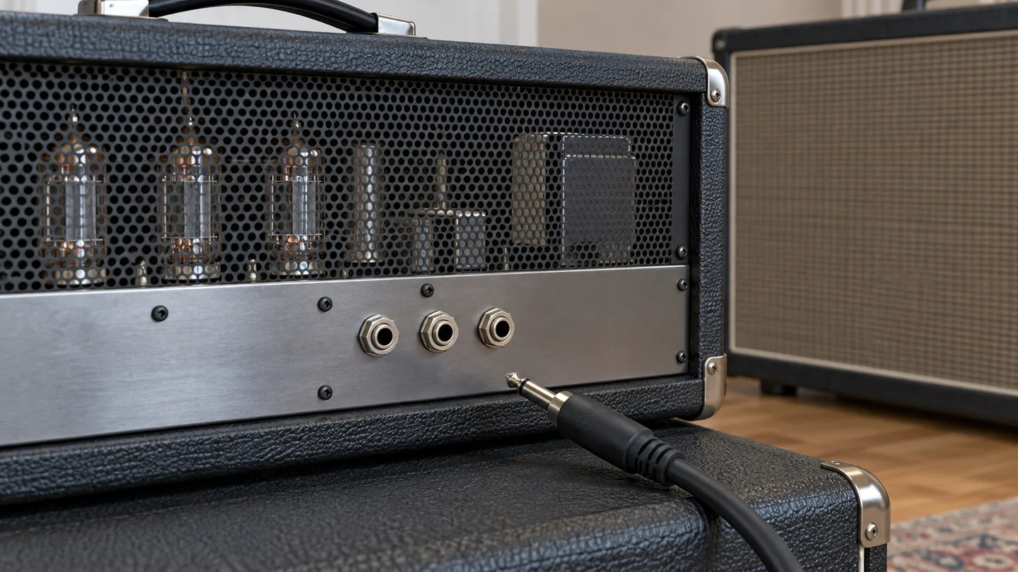 Rear speaker output jacks and an unplugged cable on a valve amplifier