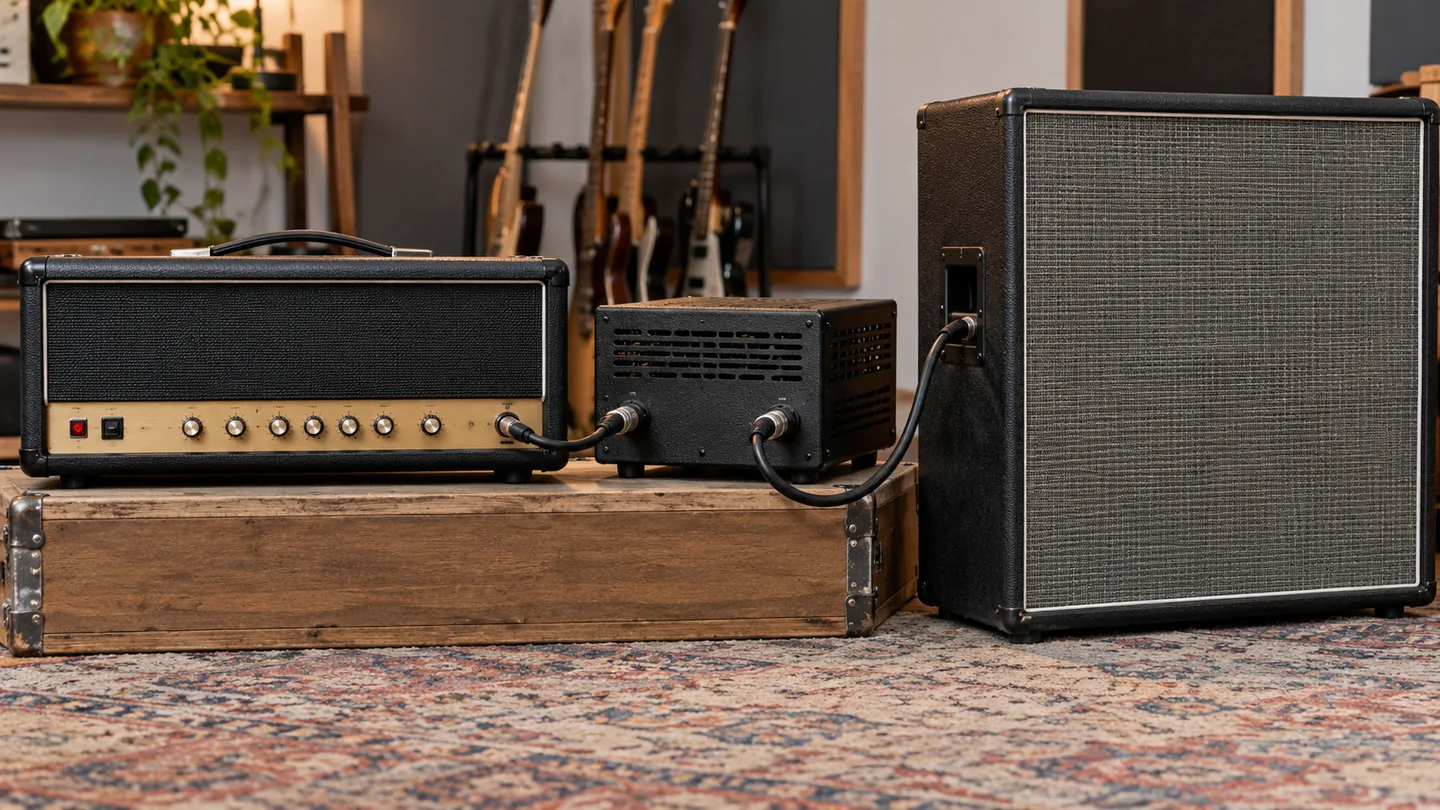 Exterior amp, attenuator, and speaker cab connected with speaker cables