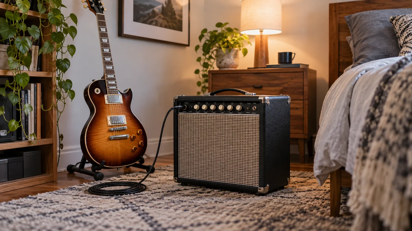 Small tube guitar amplifier in a quiet bedroom practice corner