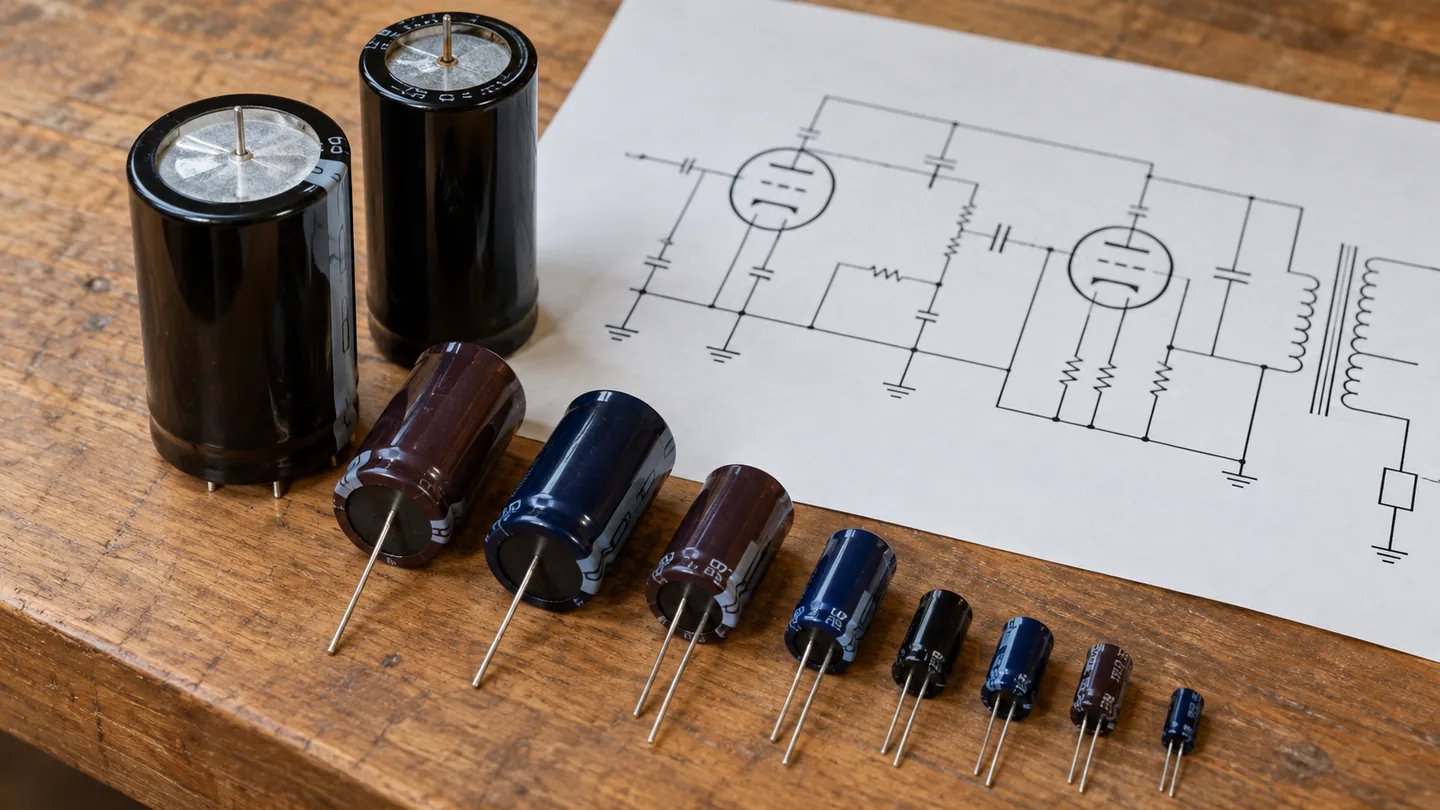 Electrolytic capacitors and a paper schematic on a workbench