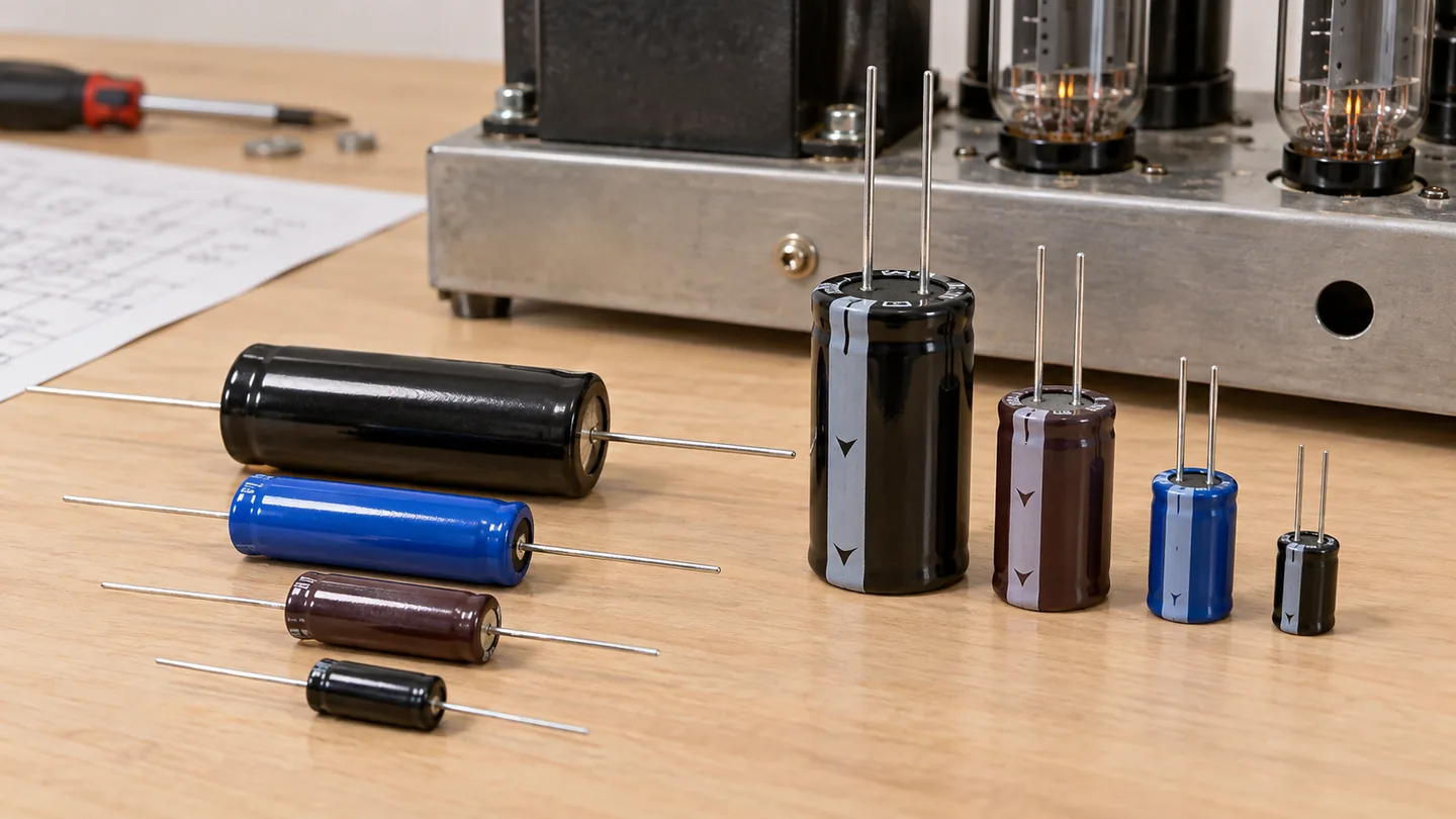 Axial and radial electrolytic capacitor form factors compared