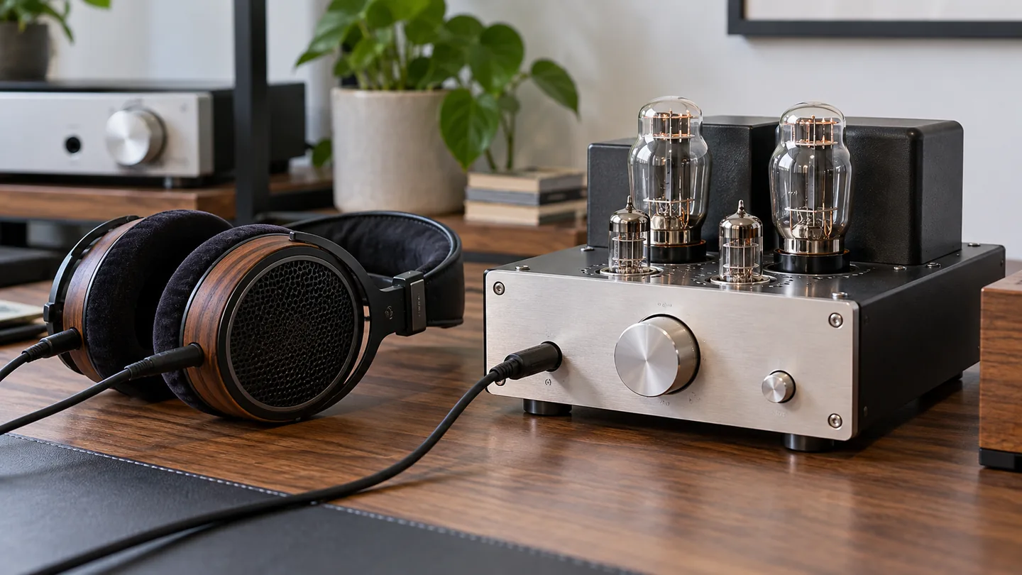 Tube headphone amplifier connected to headphones at a desk