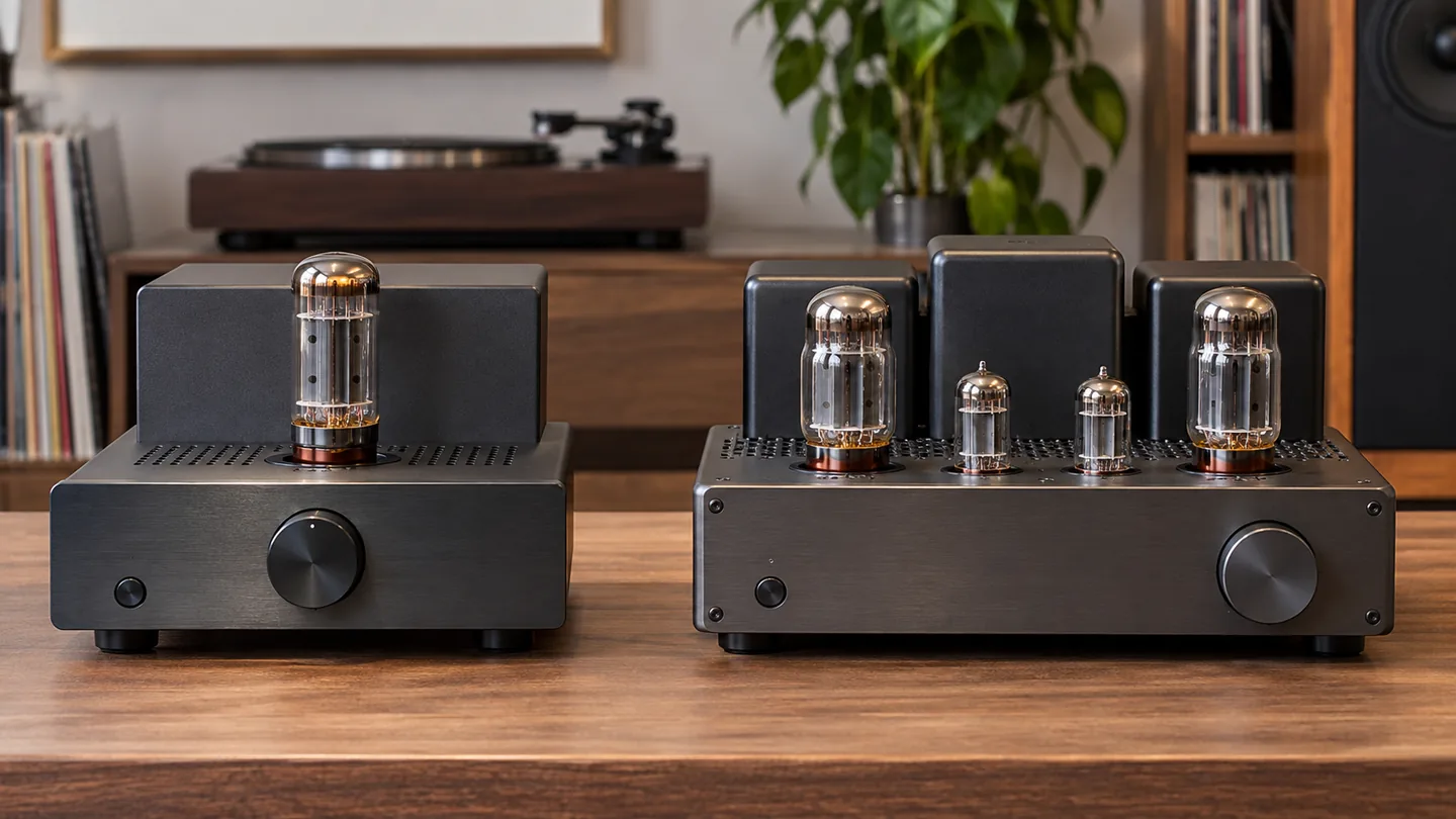 Hybrid and all-tube desktop amplifiers shown side by side