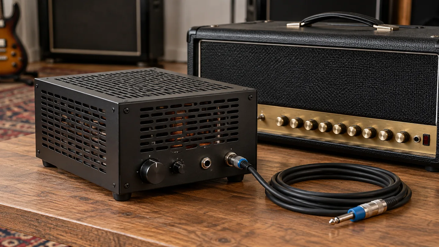 Ventilated load box beside a guitar amplifier