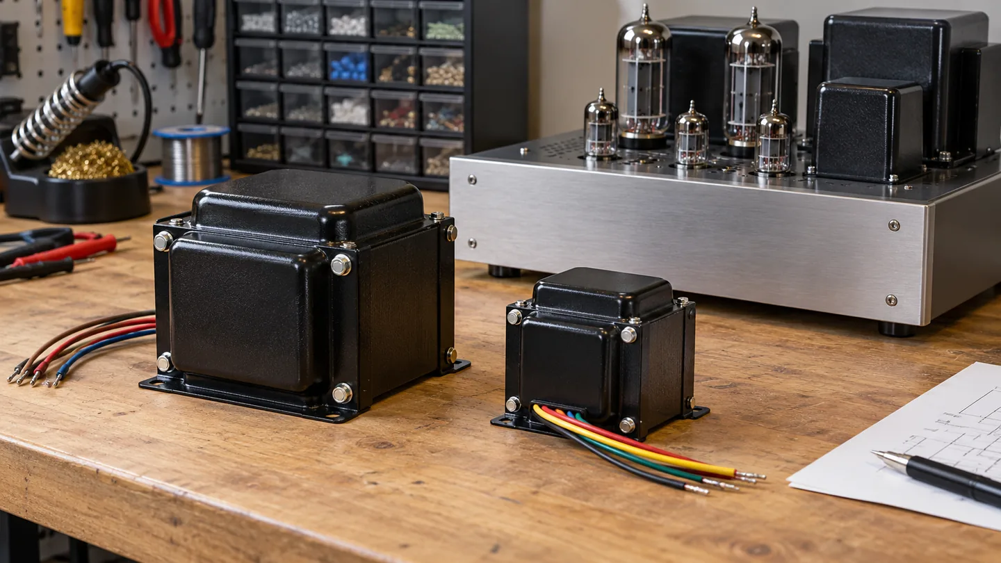 Two differently sized output transformers on an electronics workbench
