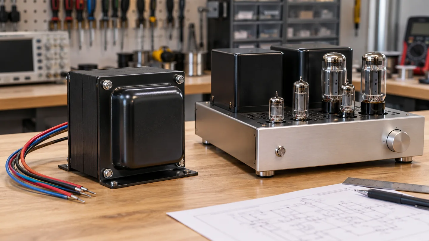 Uninstalled power transformer beside an unplugged tube amp chassis