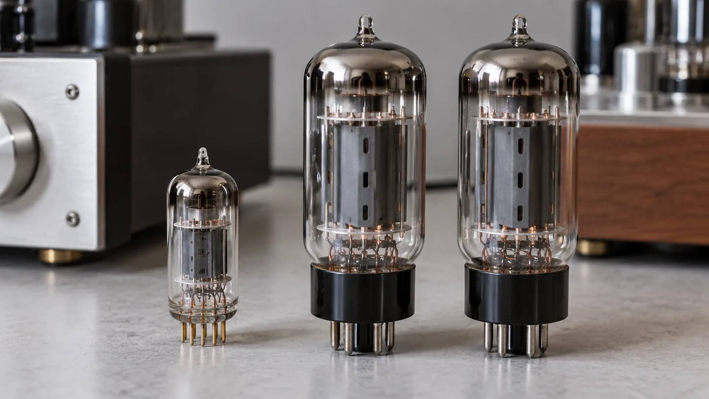 Small preamp tube and pair of larger power tubes shown separately