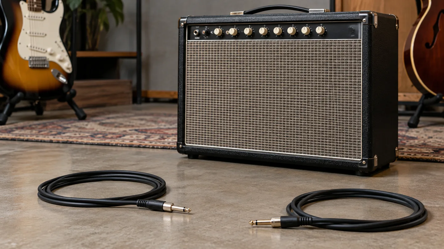 Two guitar cables beside a tube amp for external noise checks