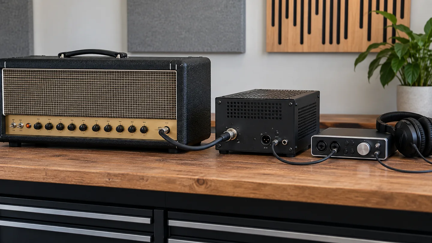 Tube amp, load box, interface, and headphones for recording