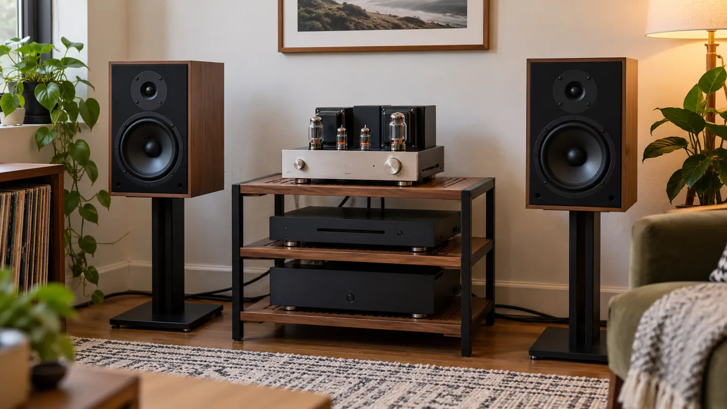 Compact valve stereo amplifier and bookshelf speakers in a small listening room