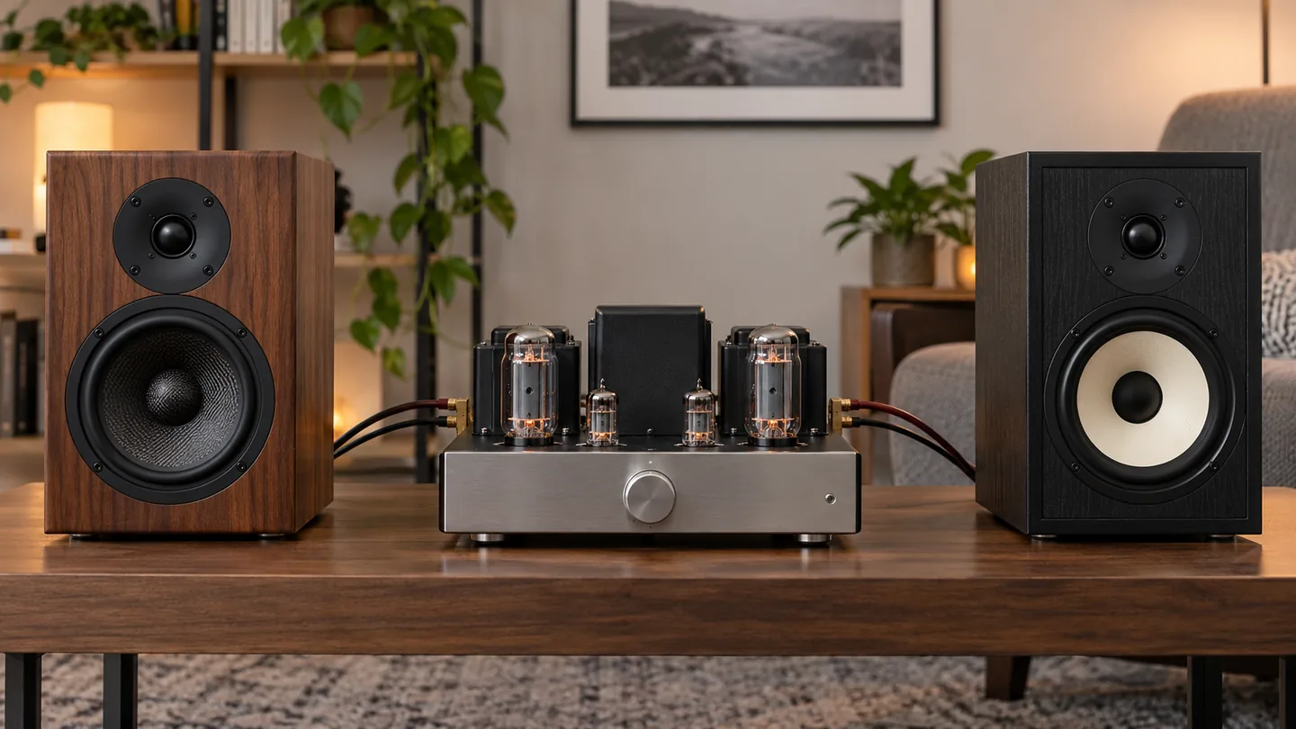 Two bookshelf speakers beside an amplifier for matching comparison