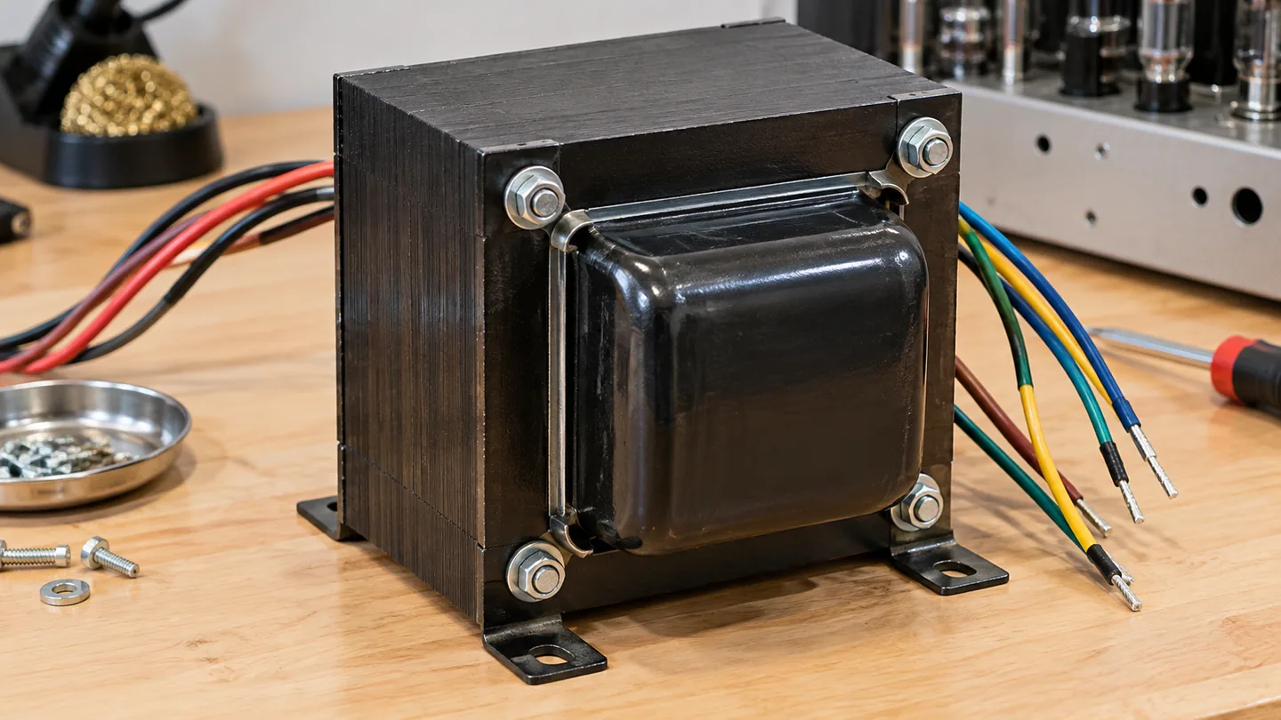 Power transformer lead bundle and mounting hardware on a workbench