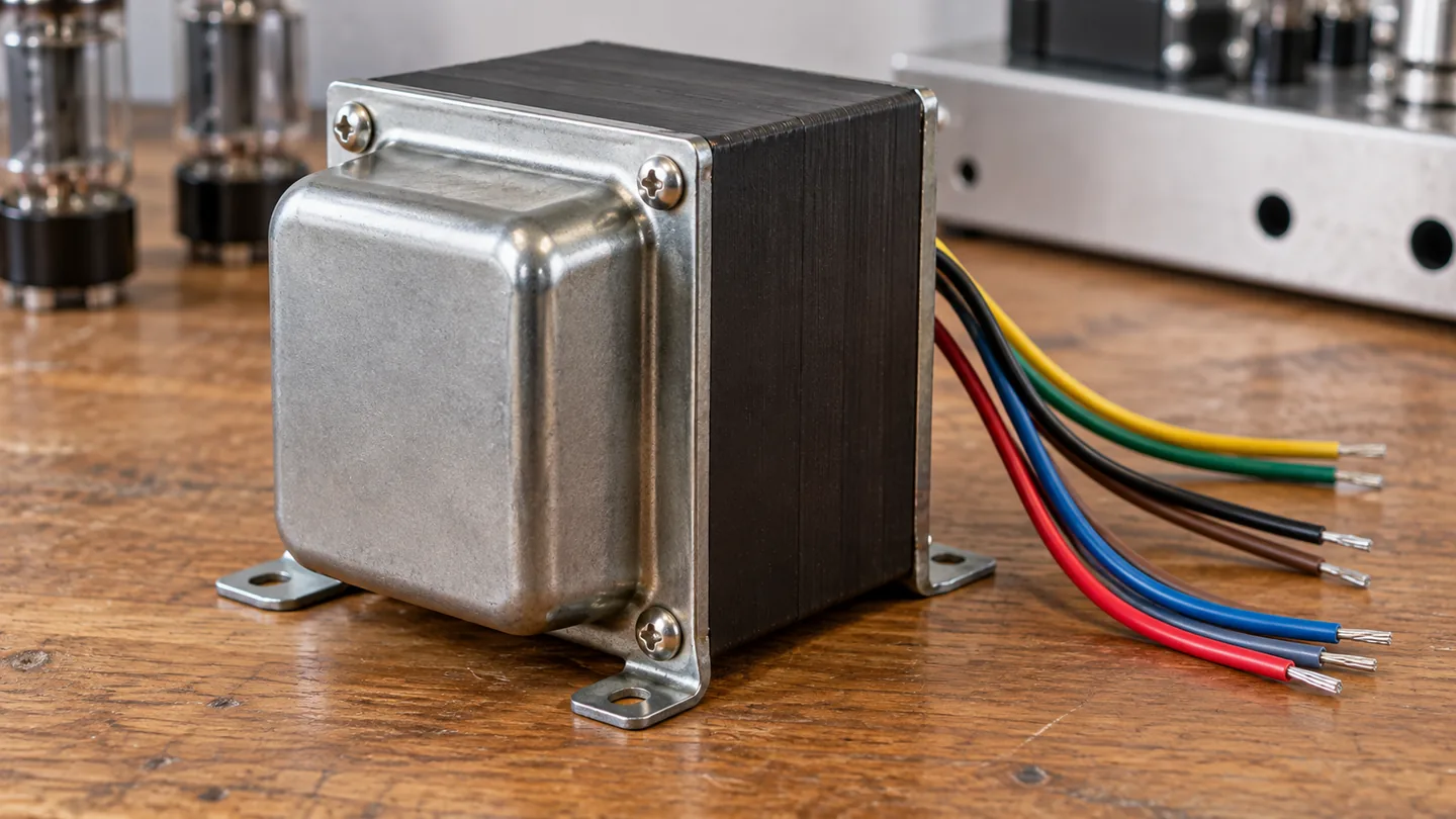 Output transformer mounting feet and wire leads shown close-up