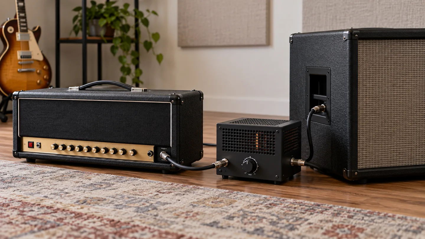 Tube amp and external attenuator box on a studio table
