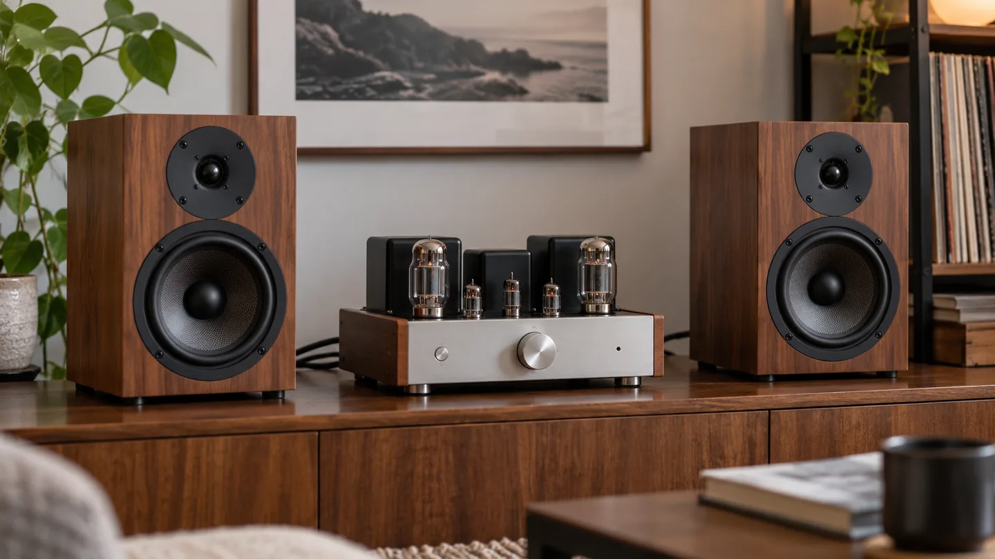 Tube amplifier paired with bookshelf speakers on a listening table