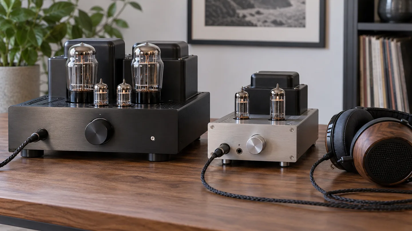 Two tube headphone amplifiers beside over-ear headphones