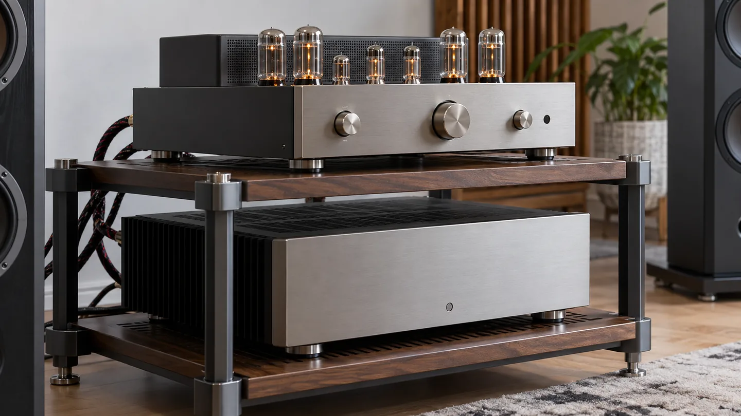Tube preamp and solid-state power amplifier on a stereo shelf