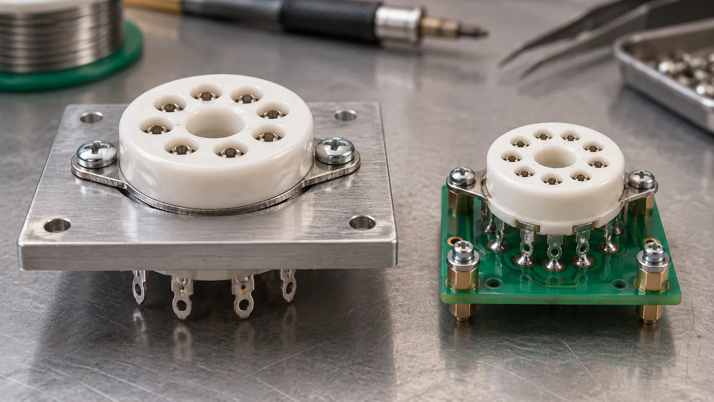 Illustrative comparison of a socket bolted to a metal chassis and a socket on a supported circuit board