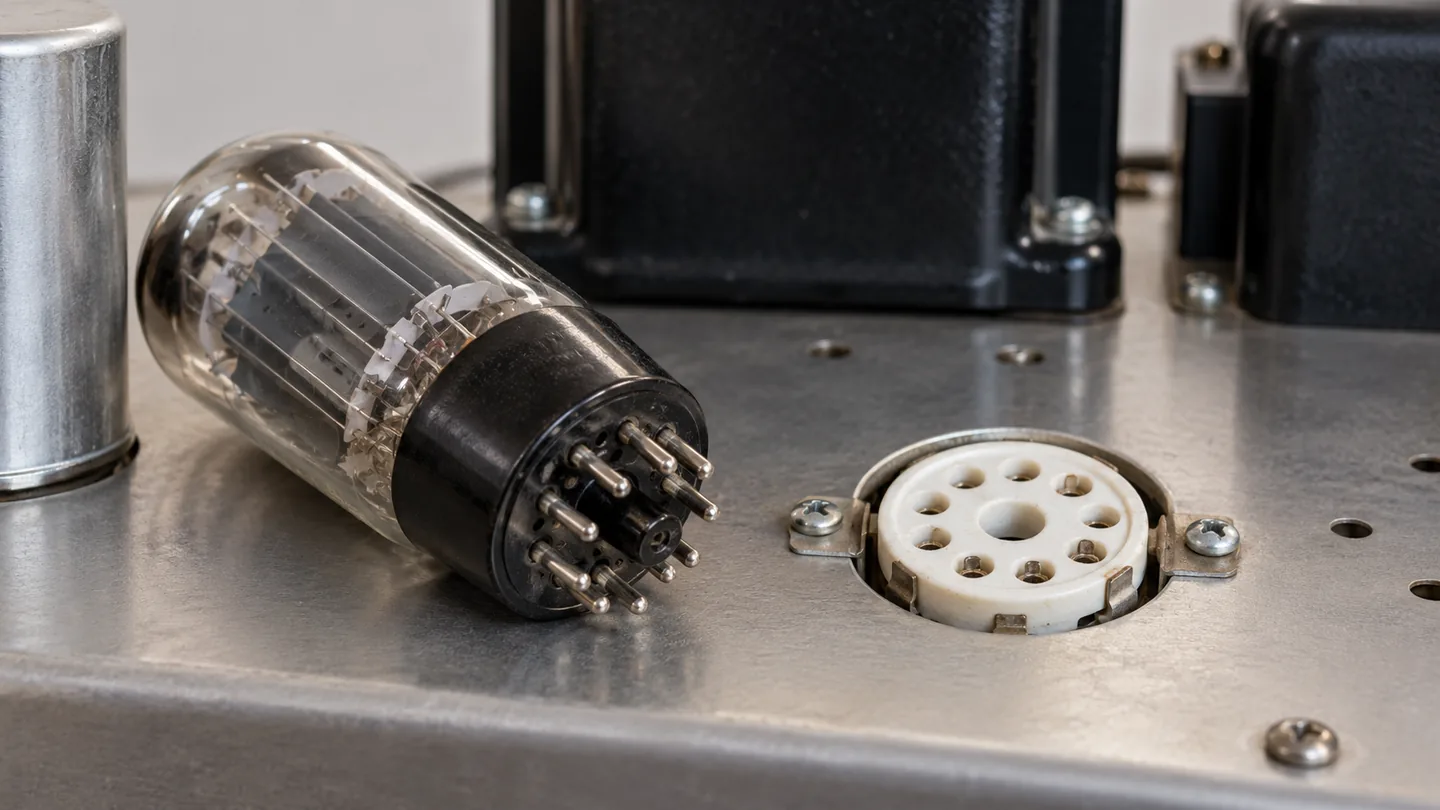 Illustrative vacuum tube beside an empty ceramic socket on an amplifier chassis