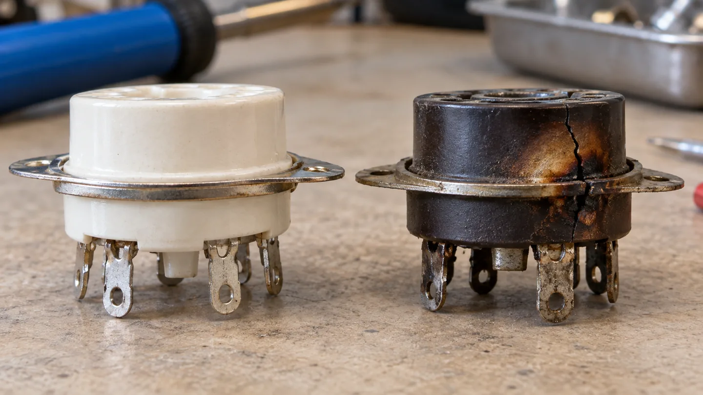 Illustrative intact ceramic socket beside a cracked and discolored molded socket