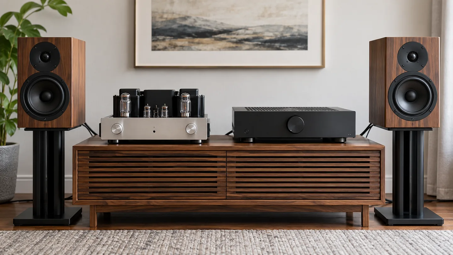 Tube and solid-state amplifiers arranged for the same stereo listening comparison