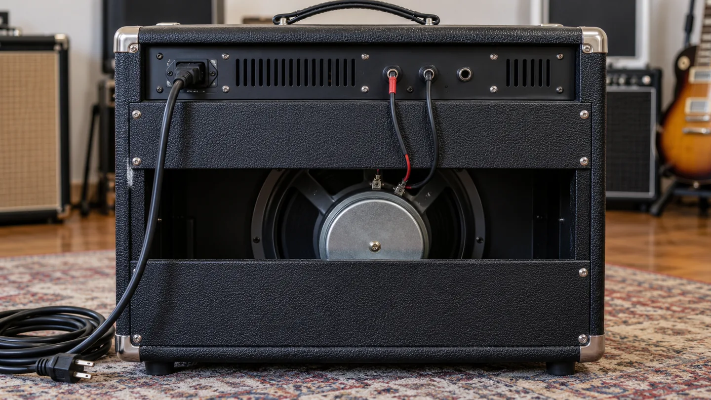Rear exterior of a used guitar amplifier during visual inspection