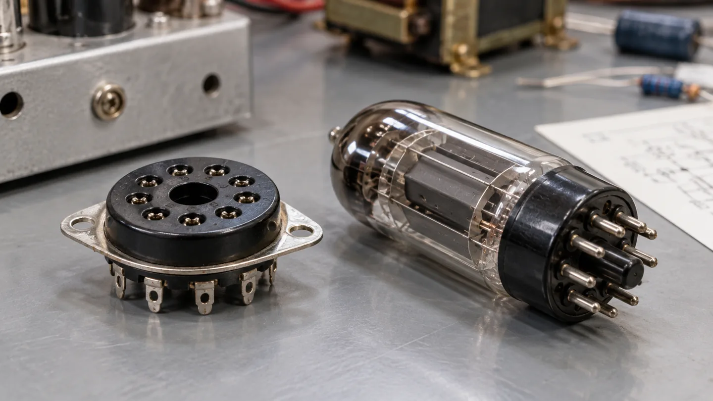 Uninstalled tube socket and vacuum tube shown separately