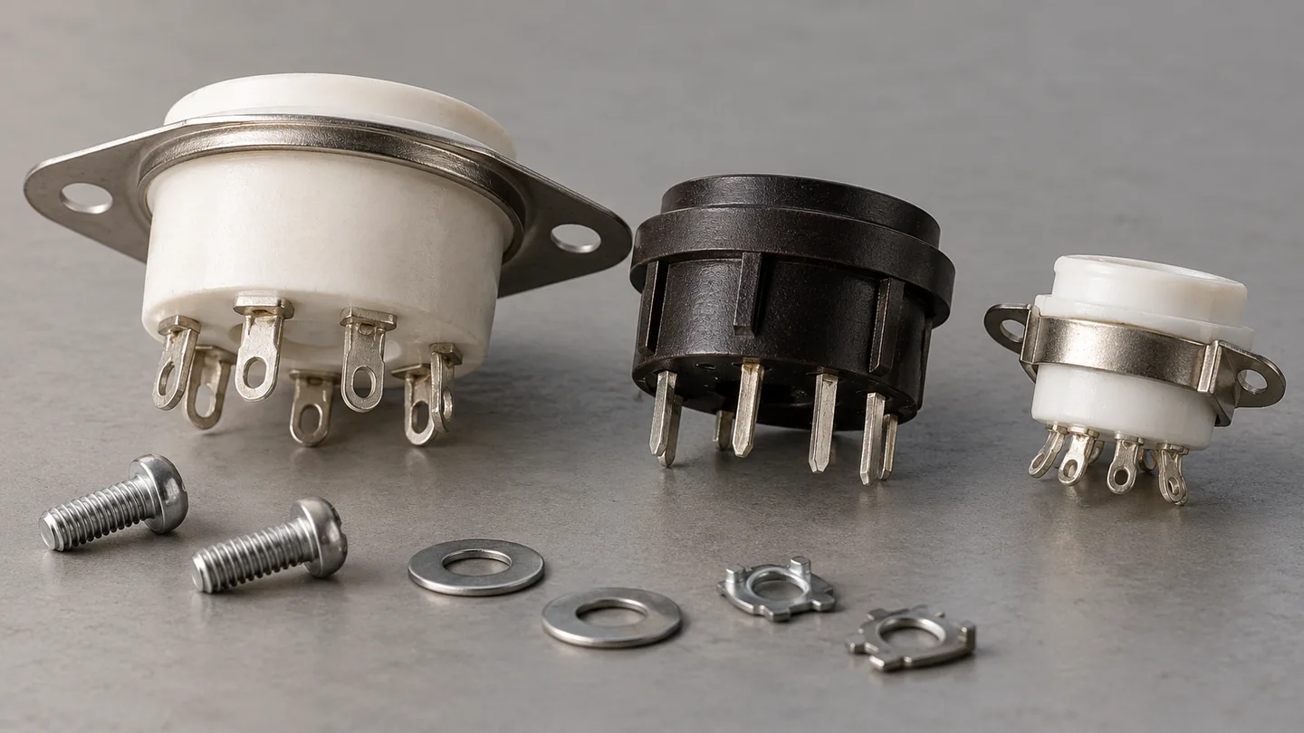 Assorted ceramic and molded vacuum tube sockets viewed from their terminal sides