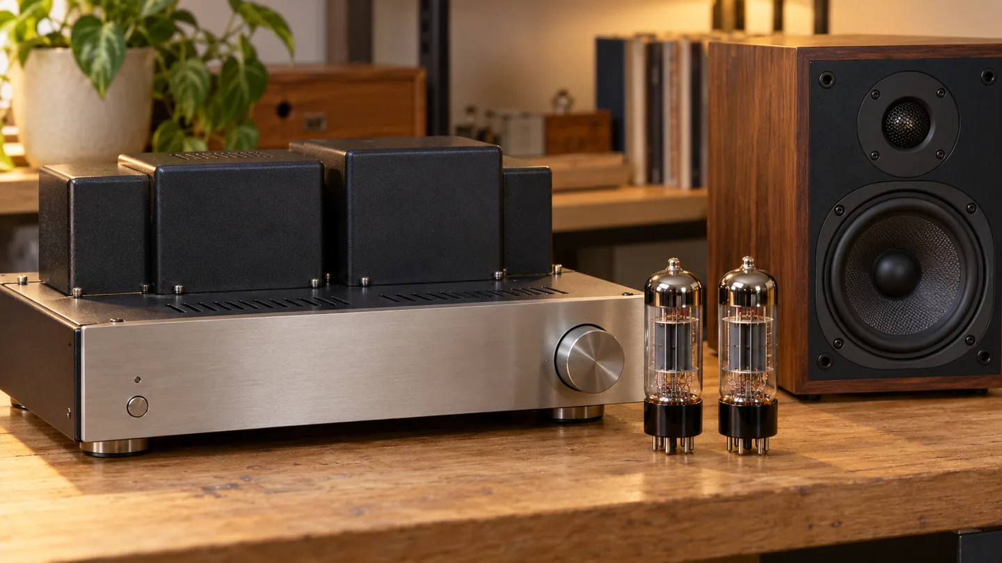 Valve stereo amplifier and separate tubes beside a bookshelf speaker