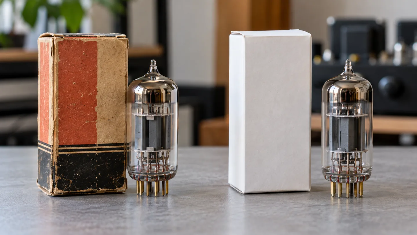 Vintage and modern vacuum tubes compared on a table